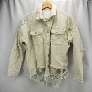 BBJ Off White Distressed Jean Jacket Size XS